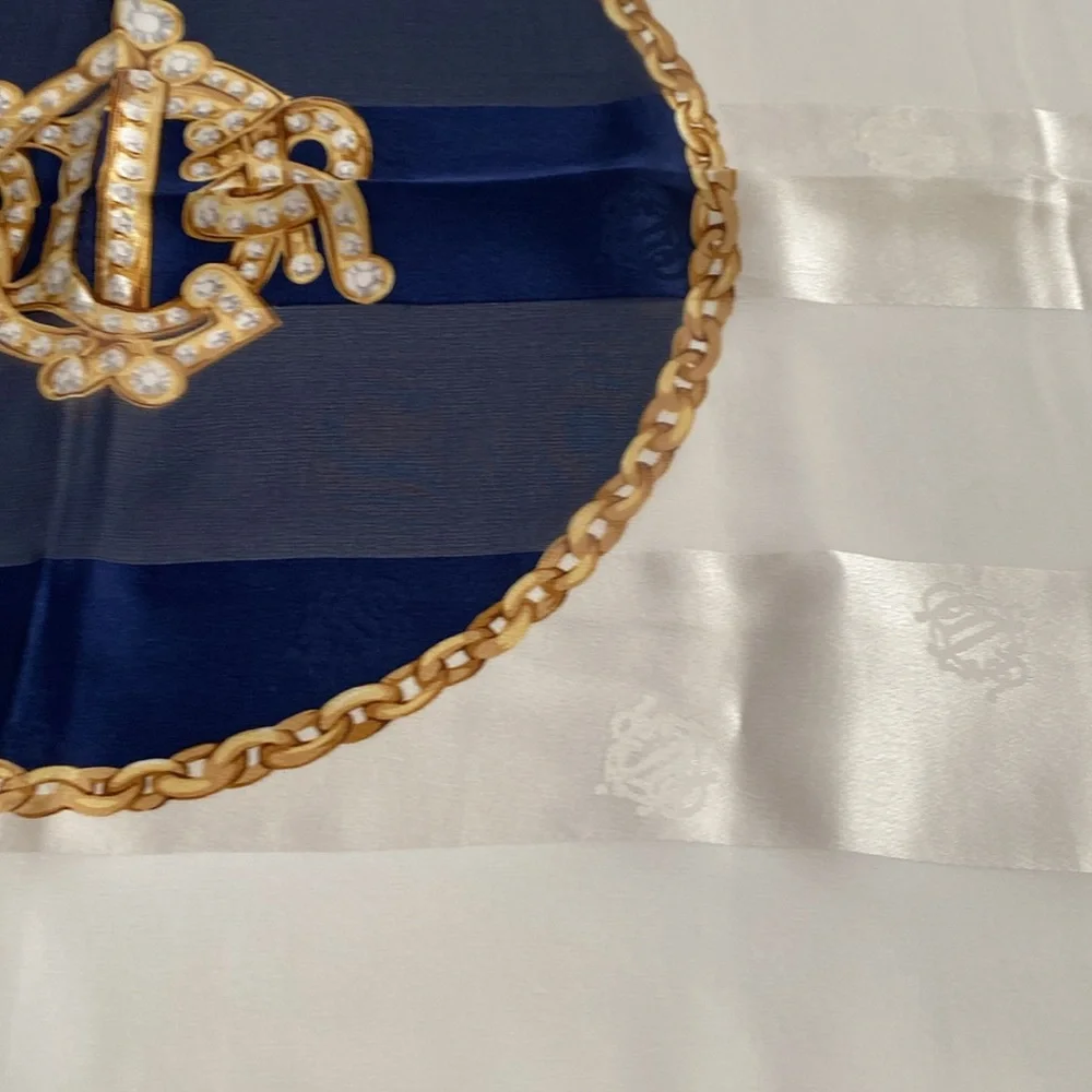 Christian Dior 100% silk scarf. Deep rich, navy blue gold cream color 34 x34